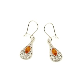 Baltische Bernsteinohrhänger cognac Navette, 925 Silber rhodiniert, 5x10 mm