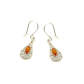 Orecchini pendenti in ambra cognac marquise, argento rodiato 925, 5x10 mm