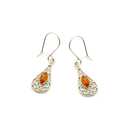Boucles d'oreilles pendantes avec ambre cognac, argent rhodié 925, 5x10 mm