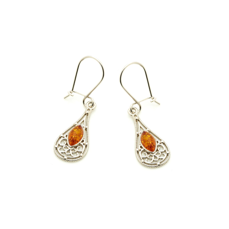 Orecchini pendenti in ambra cognac marquise, argento rodiato 925, 5x10 mm