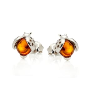 Round cognac amber ladybird stud earrings, rhodium-plated 925 silver, 7 mm