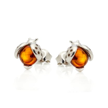 Round cognac amber ladybird stud earrings, rhodium-plated 925 silver, 7 mm