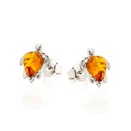 Brincos tartaruga de âmbar báltico cognac gota, prata rodiada 925, 5x7 mm