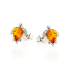 Drop cognac Baltic amber turtle stud earrings, rhodium-plated 925 silver, 5x7 mm