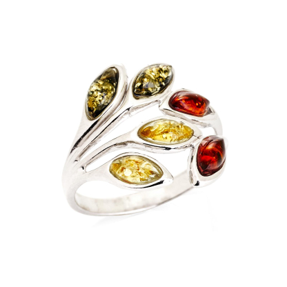 Natural marquise multi-colored Baltic amber ring, rhodium-plated 925 silver