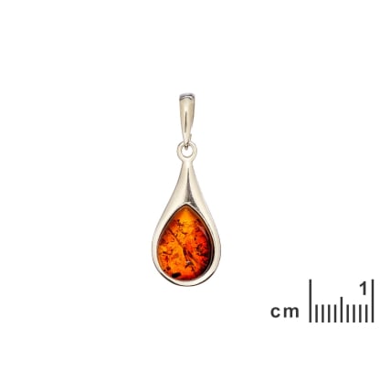 Natural drop cognac Baltic amber pendant, rhodium-plated 925 silver, 10x15 mm