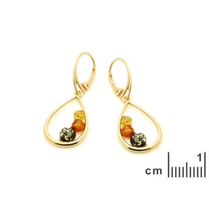 Round multi-colored Baltic amber dangle earrings, gold-plated 925 silver, 7 mm