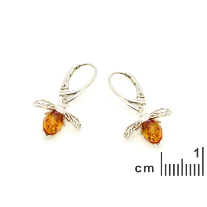 Boucles d'oreilles pendantes abeille avec ambre cognac, argent rhodié, 7x8 mm