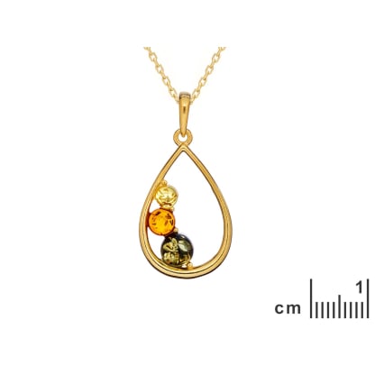 Natural round multi-colored Baltic amber pendant, gold-plated 925 silver, 7 mm