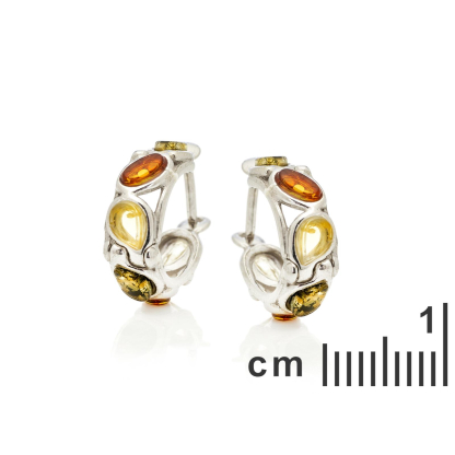 Boucles d'oreilles créoles avec ambre multicolore, argent rhodié 925, 3x5 mm