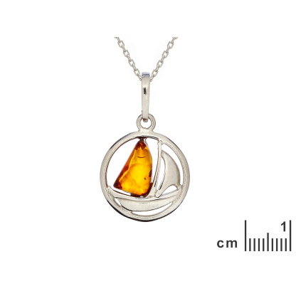 Natural irregular cognac Baltic amber boat pendant, rhodium-plated 925 silver