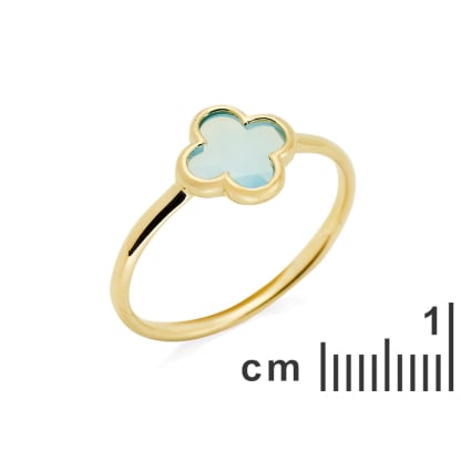 착색 블루 클로버 칼세도니 반지, 925 골드 도금 실버, 1x1 cm