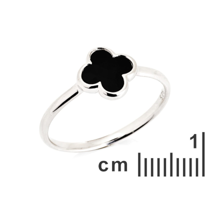 Anillo de ónix negro trébol natural, en plata rodiada 925, 1x1 cm