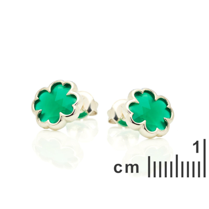 Natural green onyx clover stud earrings, rhodium-plated 925 silver, 8 mm
