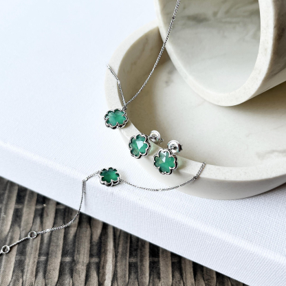 Pendientes de botón trébol de ónix verde natural, en plata rodiada 925, 8 mm