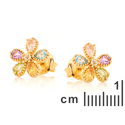 Multi-colored multi-stone flower stud earrings, gold-plated 925 silver, 2x3 mm