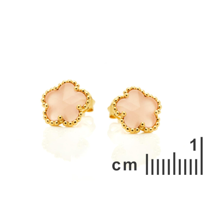Pendientes de botón flor de 5 pétalos de cuarzo rosa, plata dorada 925, 8 mm
