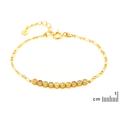 Bracelet avec multipierres multicolore ronde naturelle, argent doré 925, 15+3 cm