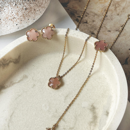 Pulsera flor de 5 pétalos de cuarzo rosa, plata dorada 925, 15,5+1,5+1,5 cm