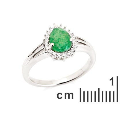 Natural drop green aventurine ring, rhodium-plated 925 silver, 6x8 mm