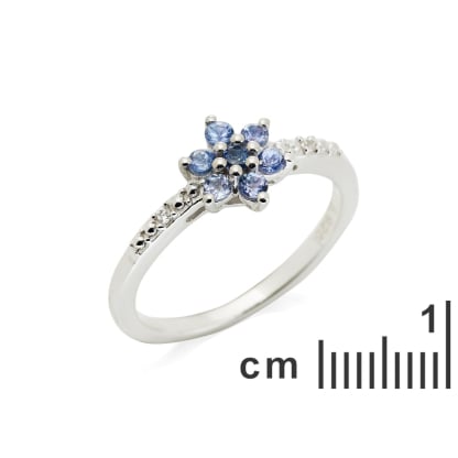 Anillo flor de tanzanita azul redonda natural, en plata rodiada 925, 0,5x0,5 cm