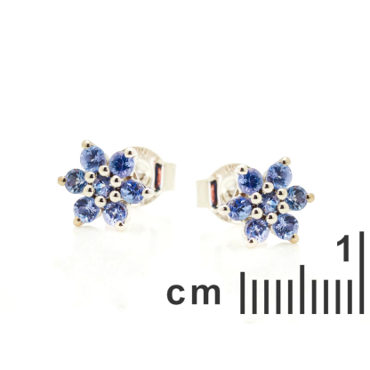 Pendientes de botón flor de tanzanita azul redonda, plata rodiada 925, 2 mm