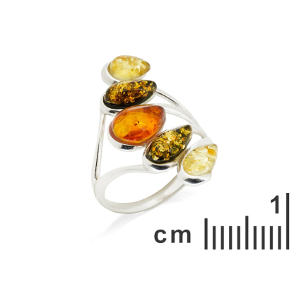 Natural drop multi-colored Baltic amber ring, rhodium-plated 925 silver, 2x3 cm