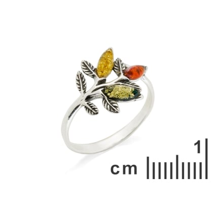 Bernsteinring Blätter mehrfarbig Navette, 925 Silber oxidiert, 1,5x2 cm