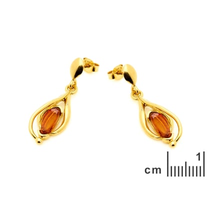 Oval cognac Baltic amber dangle earrings, gold-plated 925 silver, 5x10 mm