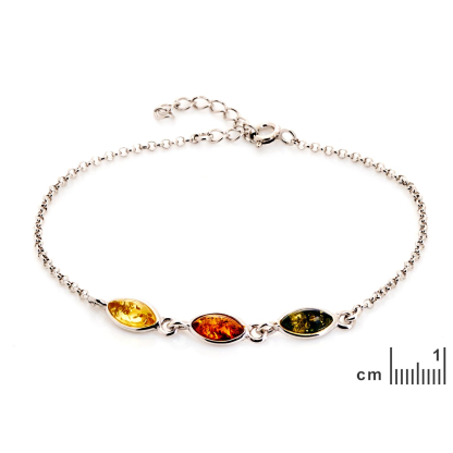 Pulseira de âmbar báltico multicolor marquise, prata rodiada 925, 16+3 cm