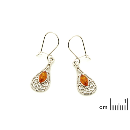 Brincos compridos de âmbar báltico cognac marquise, prata rodiada 925, 5x10 mm