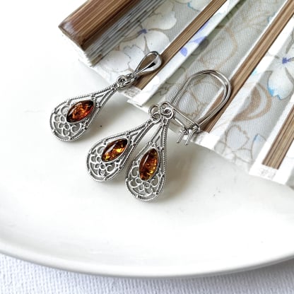Marquise cognac Baltic amber dangle earrings, rhodium-plated 925 silver, 5x10 mm