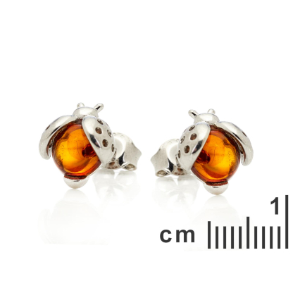 Barnsteenoorstekers lieveheersbeestje cognac rond, gerhodineerd 925 zilver, 7 mm