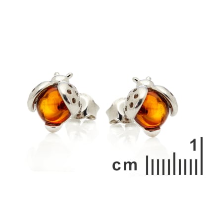 Round cognac amber ladybird stud earrings, rhodium-plated 925 silver, 7 mm