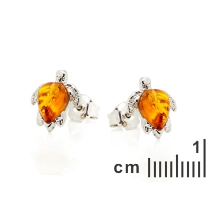 Pendientes de botón tortuga de ámbar coñac gota, plata rodiada 925, 5x7 mm
