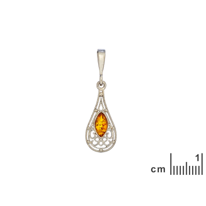 Natural marquise cognac Baltic amber pendant, rhodium-plated 925 silver, 5x10 mm