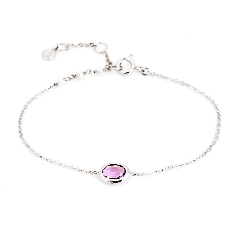 천연 퍼플 타원 자수정 진주 팔찌, 925 로듐 도금 실버, 15.5+1.5+1.6 cm