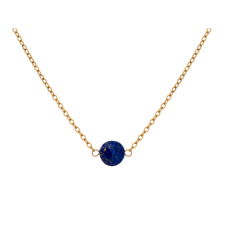 Afghanische Lapislazulikette blau rund natur, Edelstahl PVD-vergoldet, 42-3-3 cm