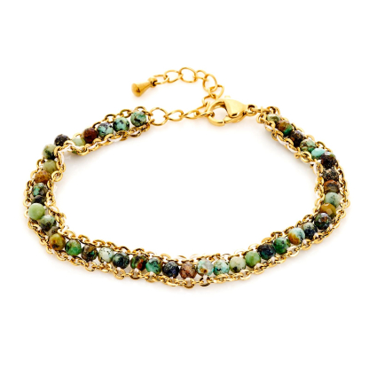 Pulsera de turquesa azul reconstituida, acero inoxidable dorado PVD, 15,5+3,5 cm