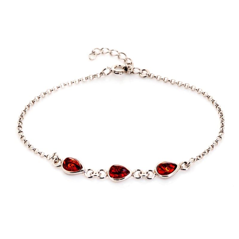 Bracciale in ambra baltica cognac goccia naturale, argento rodiato 925, 16+3 cm