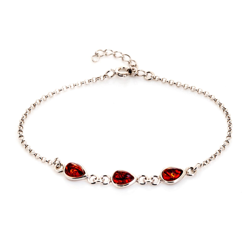Pulsera de ámbar báltico coñac gota natural, en plata rodiada 925, 16+3 cm