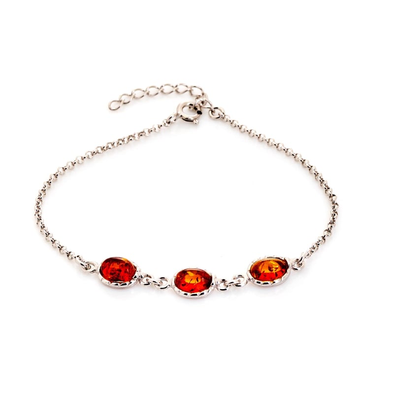 Bracciale in ambra baltica cognac ovale naturale, argento rodiato 925, 16+3 cm