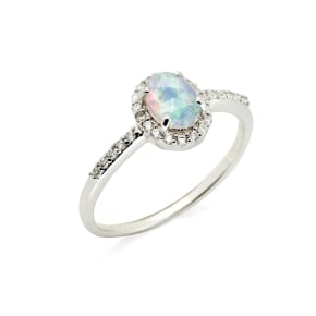 Oval ring with opal and zirconium oxide, in rhodium-plated silver 925