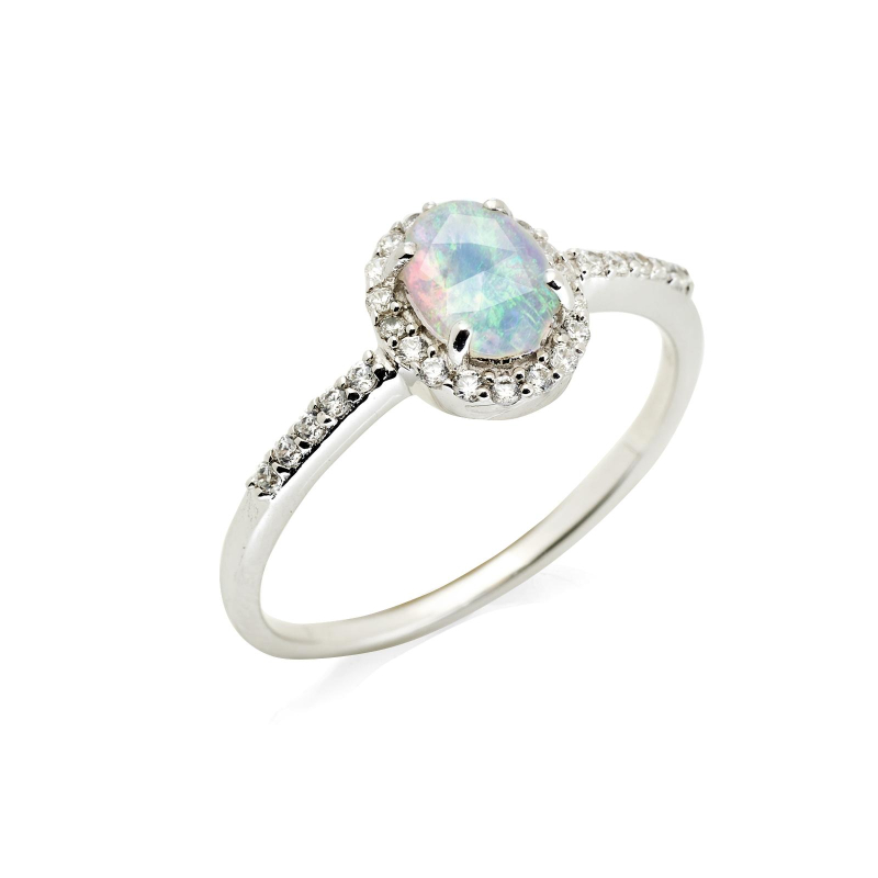 Oval ring with opal and zirconium oxide, in rhodium-plated silver 925