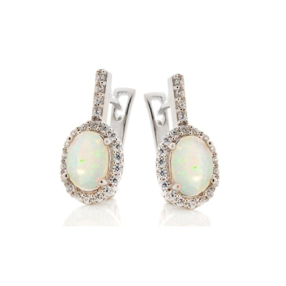 Opal and zirconium oxide drop earrings, rhodium-plated silver