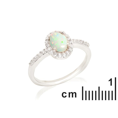 Oval ring with opal and zirconium oxide, in rhodium-plated silver 925
