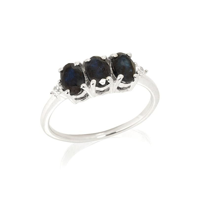 Natural oval blue sapphire ring, rhodium-plated 925 silver, 1.8x0.7 cm