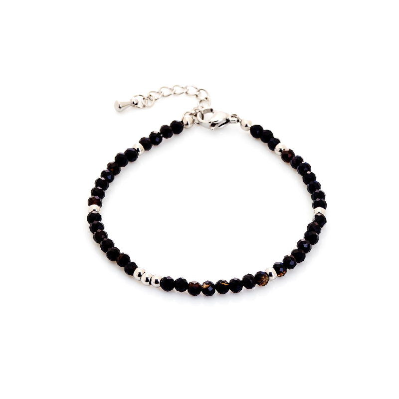 Onyxarmband zwart onregelmatig natuurlijk, roestvrij staal, 15,5+3,5 cm