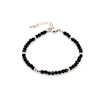 Pulsera de ónix negro irregular natural, en acero inoxidable, 15,5+3,5 cm