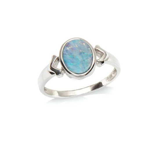 Ring with oval Australian doublet blue opal, in 925 rhodium silver